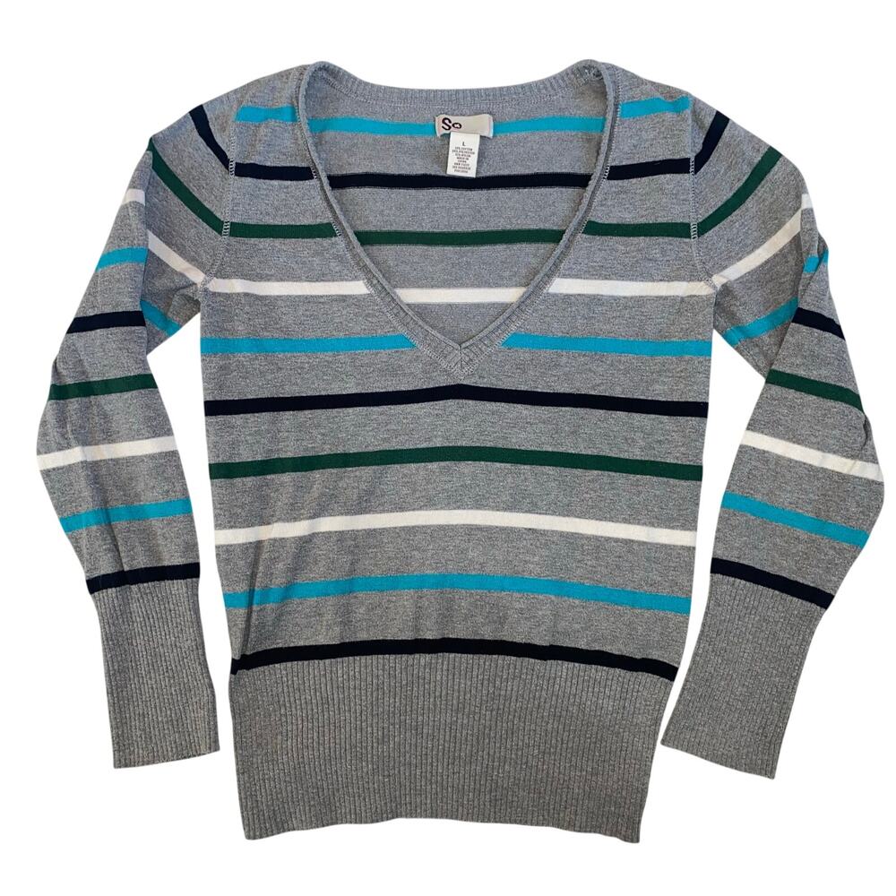 🌸SO Girls V Neck Striped Sweater, Thin Cotton Blend Material, Adult Small